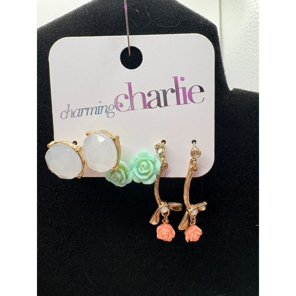 Charming Charlie 3 Pair Earrings Floral Rose Studs Dangle Drop Multicolor Set‎